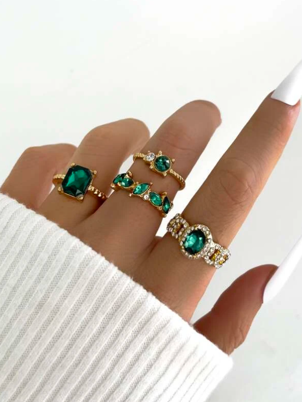 4 peças Anel Decoração de strass e pedra verde